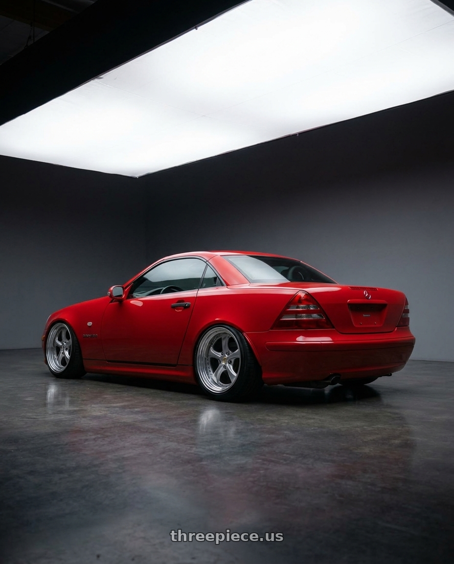 1998 Mercedes slk230 with Work Wheels VS-KF 5x105 18x9.5-17 Light Grey Silver A Disk FULL REVERSE wheels rear three quarter view slight stretch tires