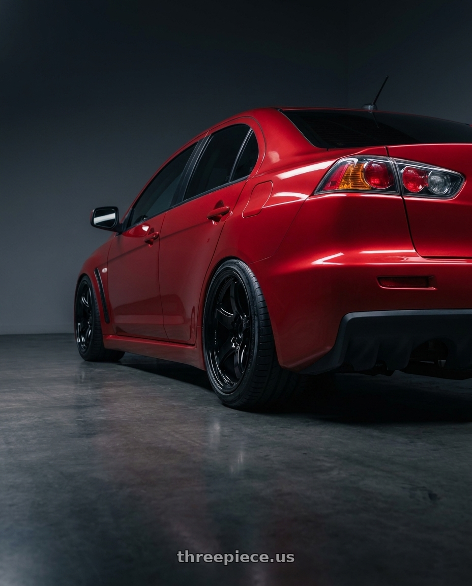 2012 Mitsubishi Lancer Evo X with Gram Lights 57CR 5x114.3 18x8.5+37 Glossy Black wheels rear three quarter view slight stretch tires