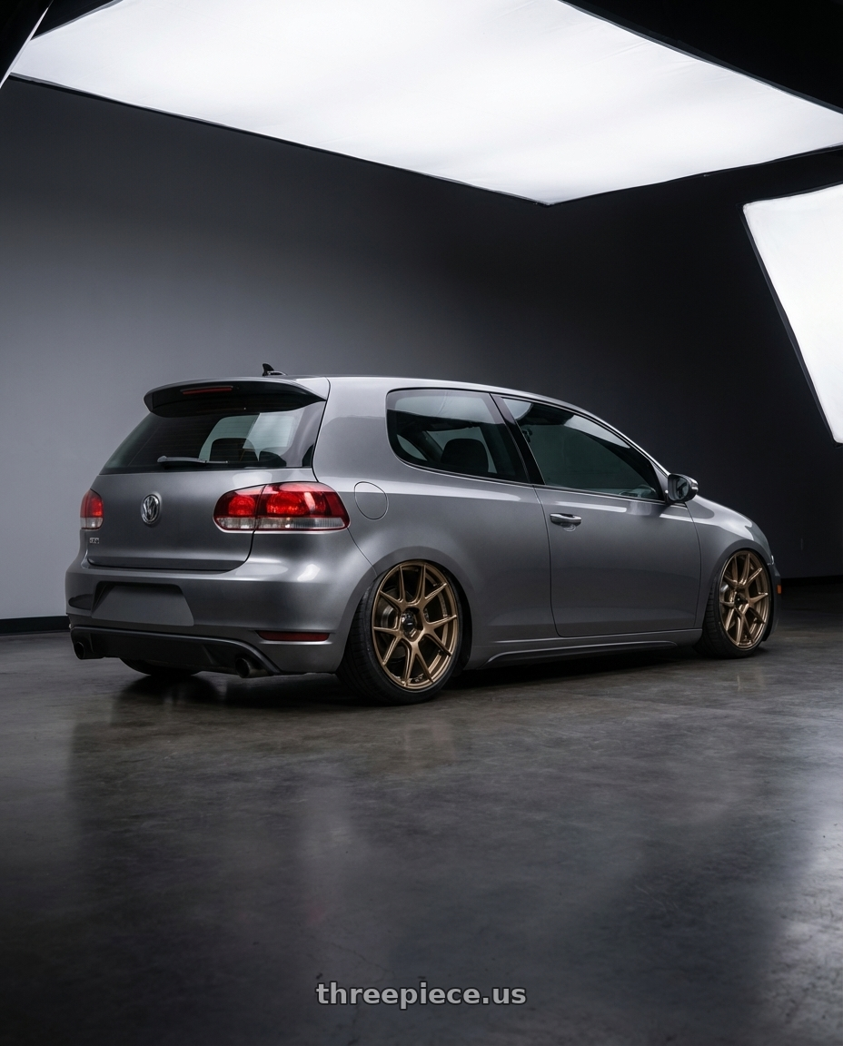2013 Volkswagen GTI MK6 with Konig Ampliform 5x112 18x8.5+43 Gloss Bronze wheels rear three quarter view slight stretch tires