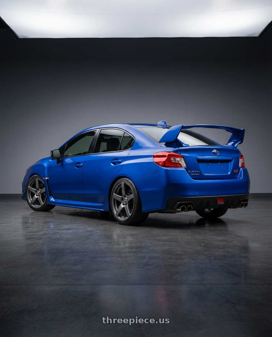 2018 Subaru WRX STI with Forgestar CF5 5x114.3 18x10 +42 Gloss Anthracite wheels rear three quarter view square tires