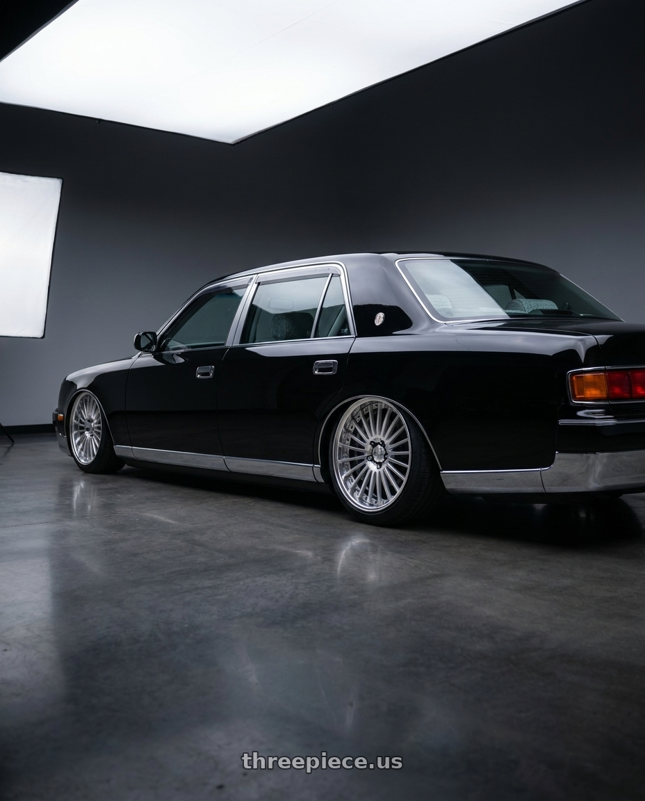 1997 Toyota Century with Work Lanvec Lf1 5x114.3 19x9.5+30 A Disk Machine Silver Polish wheels rear three quarter view square tires