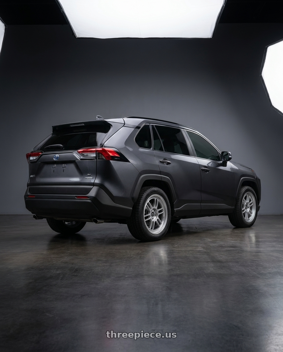 2019 Toyota RAV4  with Enkei RPF1 5x114.3 18x8+35 Silver wheels rear three quarter view square tires