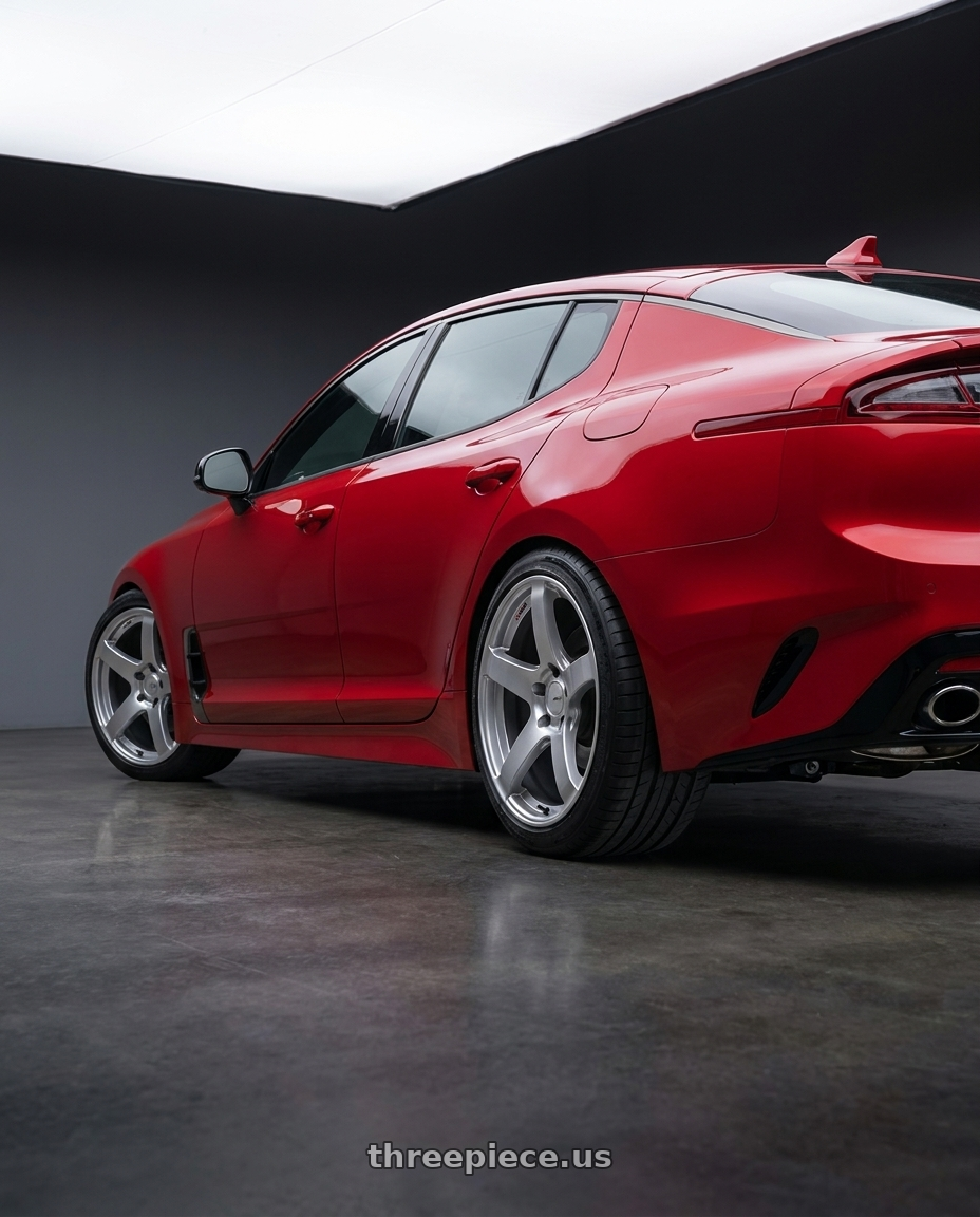 2022 Kia Stinger GT with Ssr Gtv01 5x114.3 19x8.5+38  GLARE SILVER wheels rear three quarter view square tires