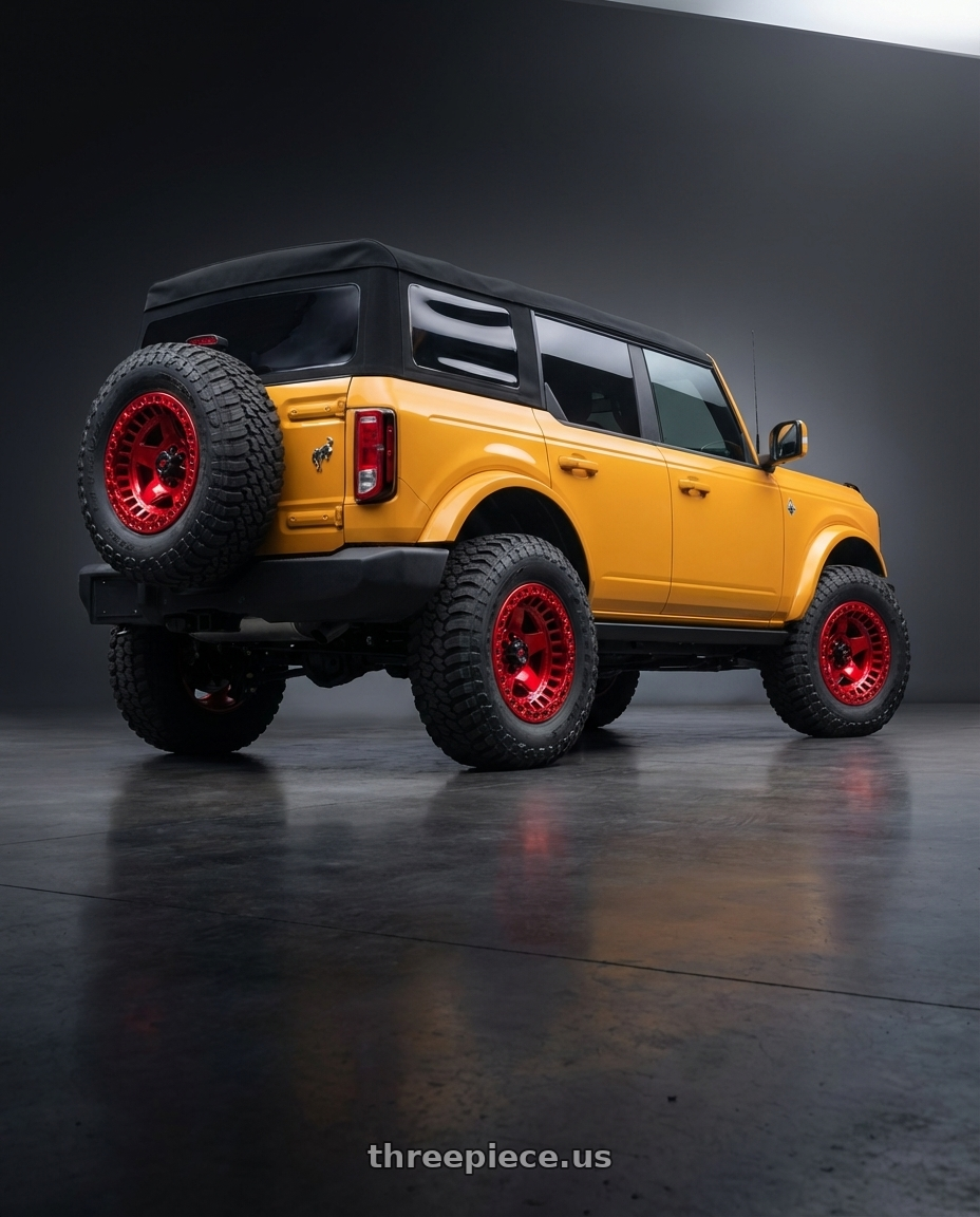 2024 Ford Bronco with Fuel 1PC D117 WARP BEADLOCK 6X139.7 17X9 -15 CANDY RED wheels rear three quarter view meaty tires