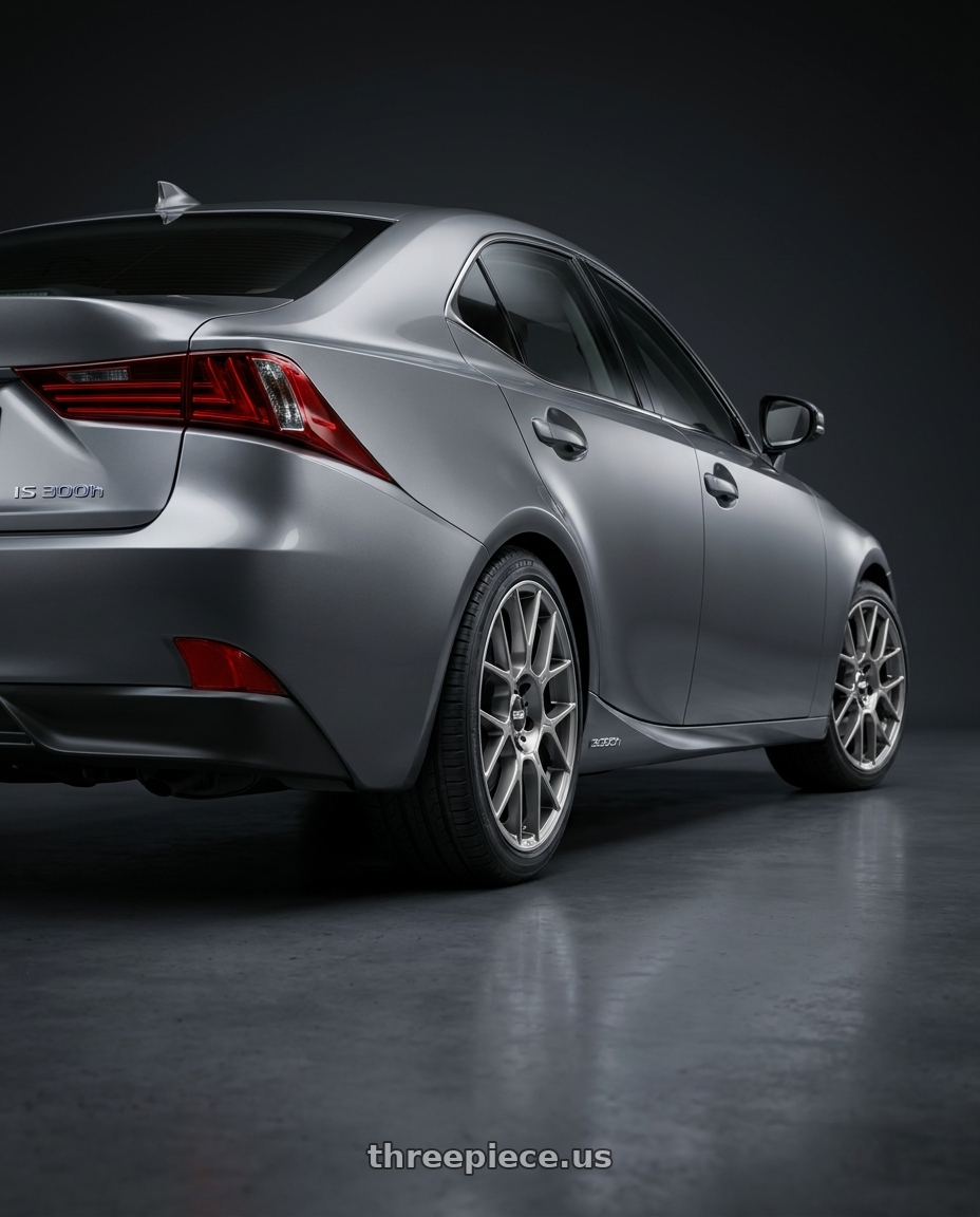 2013 Lexus IS300h with BBS XR 5x114.3 18x8.0+40 Gloss Platinum wheels rear three quarter view square tires