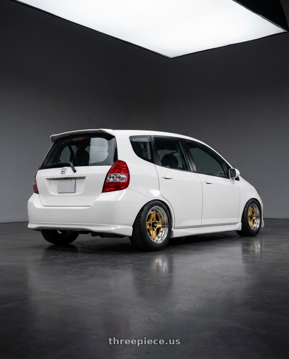 2007 Honda fit  with Work Equip 40 4x100 15X8 +35 a disk Sprint Gold wheels rear three quarter view meaty tires