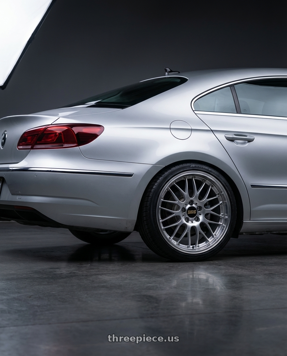 2015 Volkswagen CC with BBS RS-GT 5x112 19x8.5 +32 Diamond Silver Center Diamond Cut Lip wheels rear three quarter view square tires