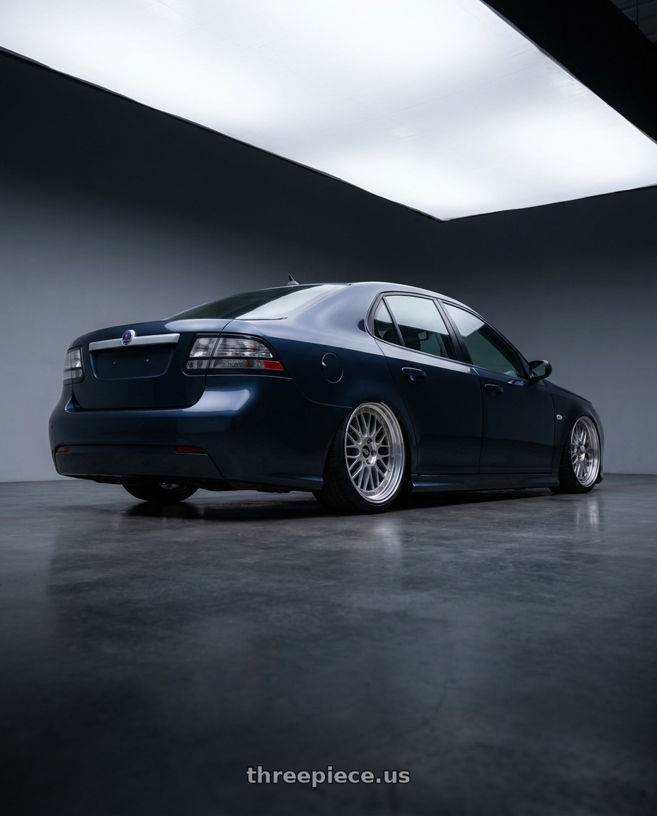 2010 Saab 9 3 with BBS LM 5x114.3 19x9.0+38 Diamond Silver wheels rear three quarter view slight stretch tires