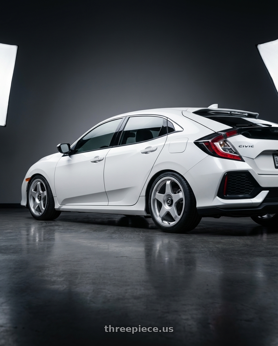 2019 Honda Civic with fifteen52 CHICANE 5x114.3 / 5x100 18x8.5 +35 SPEED SILVER (GLOSS SILVER) wheels rear three quarter view square tires