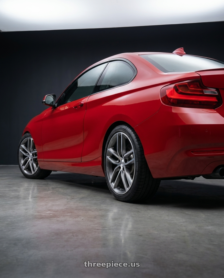 2015 BMW 218i with BBS SX 5x120 18x8.0+45 Gloss Platinum w/ Diamond Cut wheels rear three quarter view square tires
