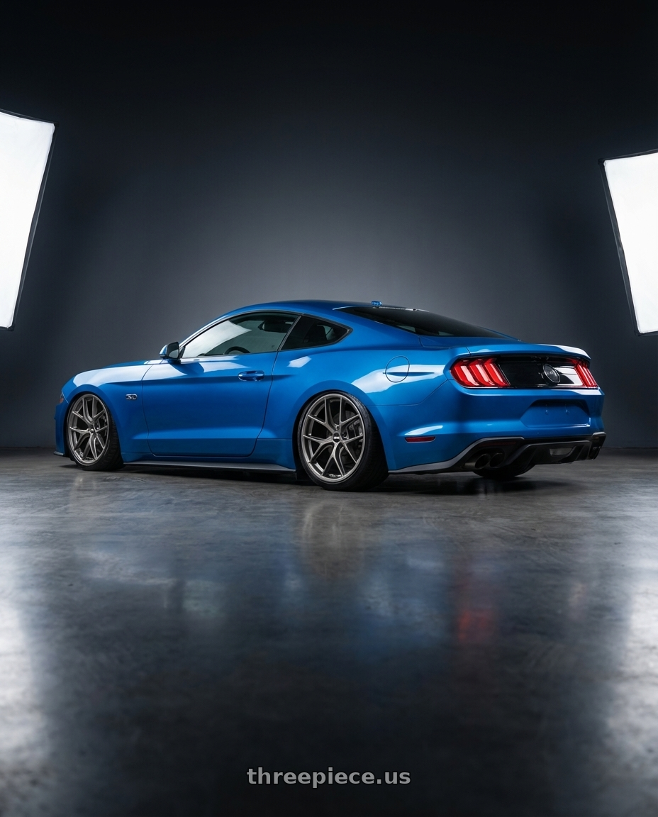 2022 Ford Mustang GT with BBS CC-R 5x114.3 20x9.0+32 Satin Platinum wheels rear three quarter view slight stretch tires