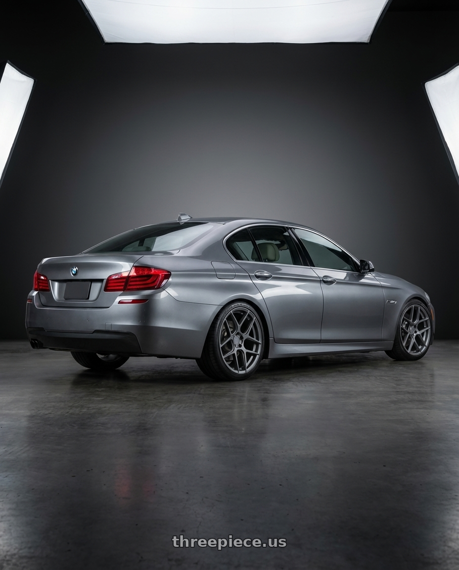 2016 BMW 5 Series F10 with Aodhan AFF2 5x120 19x8.5+35 Matte Gray wheels rear three quarter view square tires