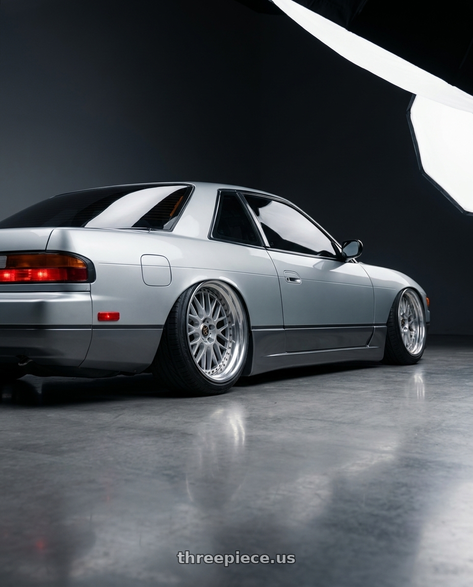 1989 nissan 240 with Work Vs-Xx 5x100 18x9+26 A Disk Light Grey Silver wheels rear three quarter view extreme stretch tires