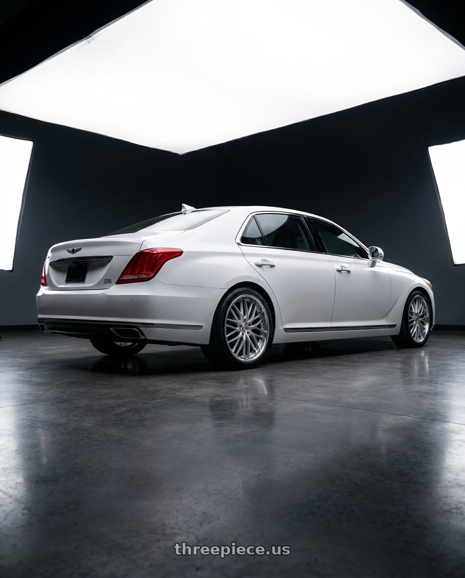 2018 genesis g90 ultimate with MRR GT1 5x114.3 20x8.5  +35 Hyper Silver Machine Lip wheels rear three quarter view square tires