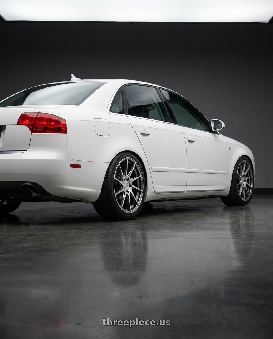 2010 Audi A4 B7 with Aodhan AH09 5x112 18x8.5 +35 Hyper Black wheels rear three quarter view square tires