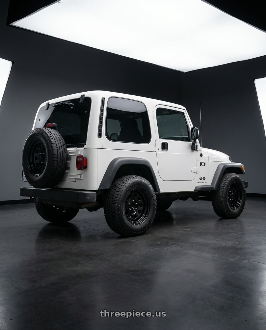 2006 jeep wrangler x with Vision HD 84H 5x114.3 15x7-6 Gloss Black wheels rear three quarter view meaty tires