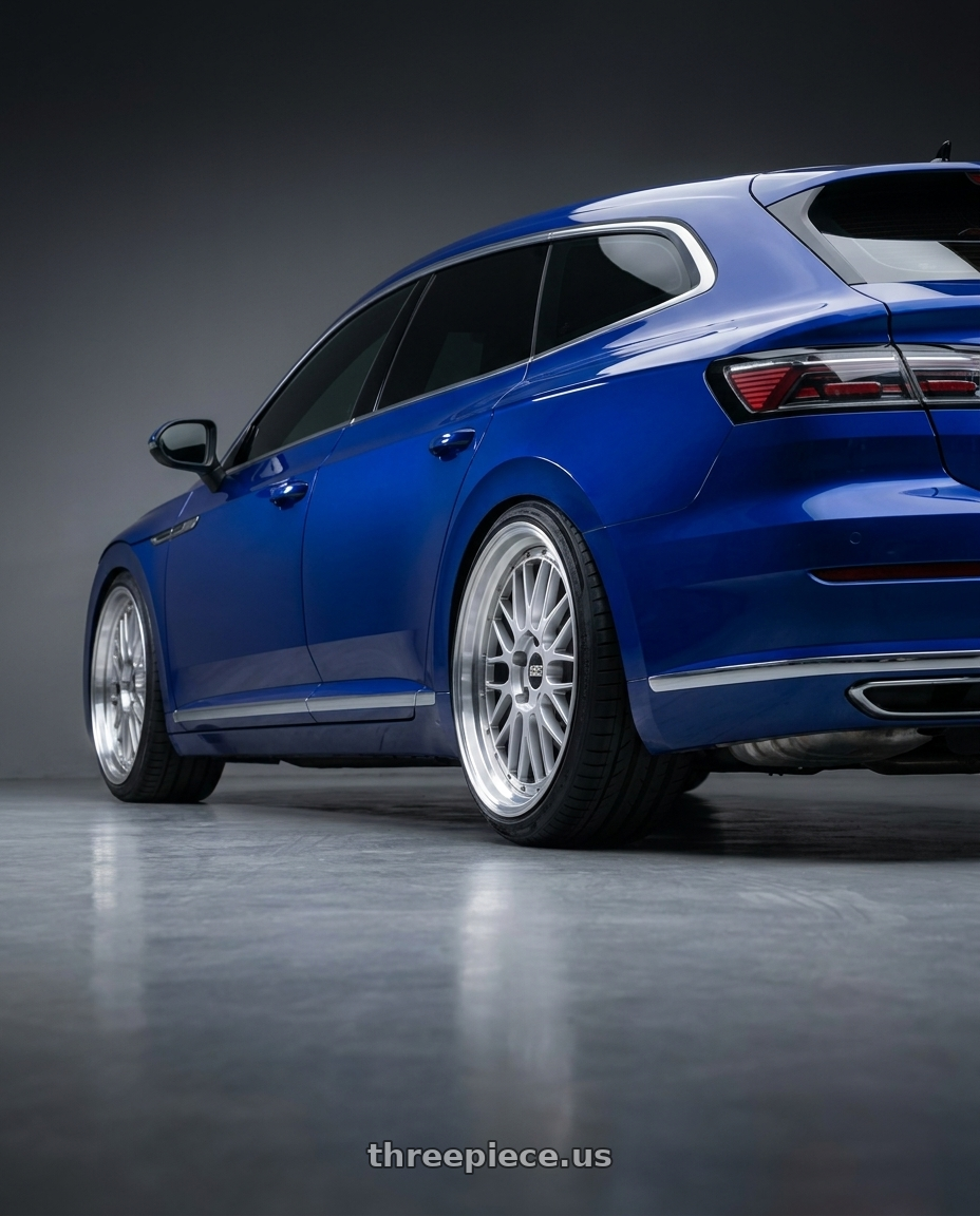 2023 Vw Arteon shooting brake with BBS LM 5x112 20x8.5+38 Diamond Silver wheels rear three quarter view extreme stretch tires