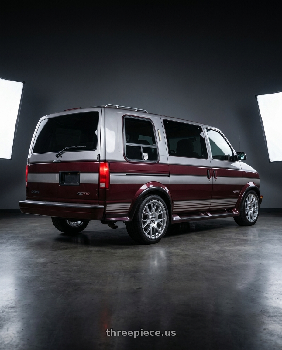 1996 chevy ASTRO van with BBS CH-R 5x112 18x8.5 +47 Brilliant Silver Polished Rim Protector wheels rear three quarter view square tires