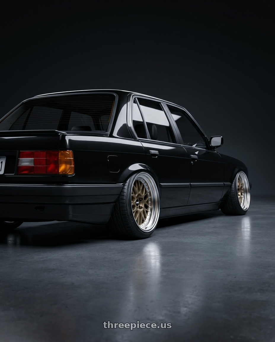 1989 bmw e30 with Work Meister M1 3p 4x100 16x10+0 W Disk Titanium Gold wheels rear three quarter view extreme stretch tires