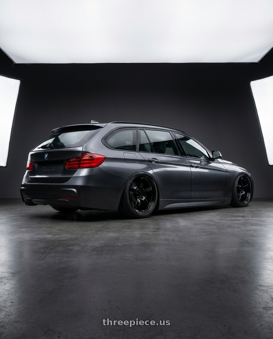 2016 BMW 3 Series F30 with Gram Lights 57CR 5x120 19x10.5+22 Glossy Black wheels rear three quarter view slight stretch tires