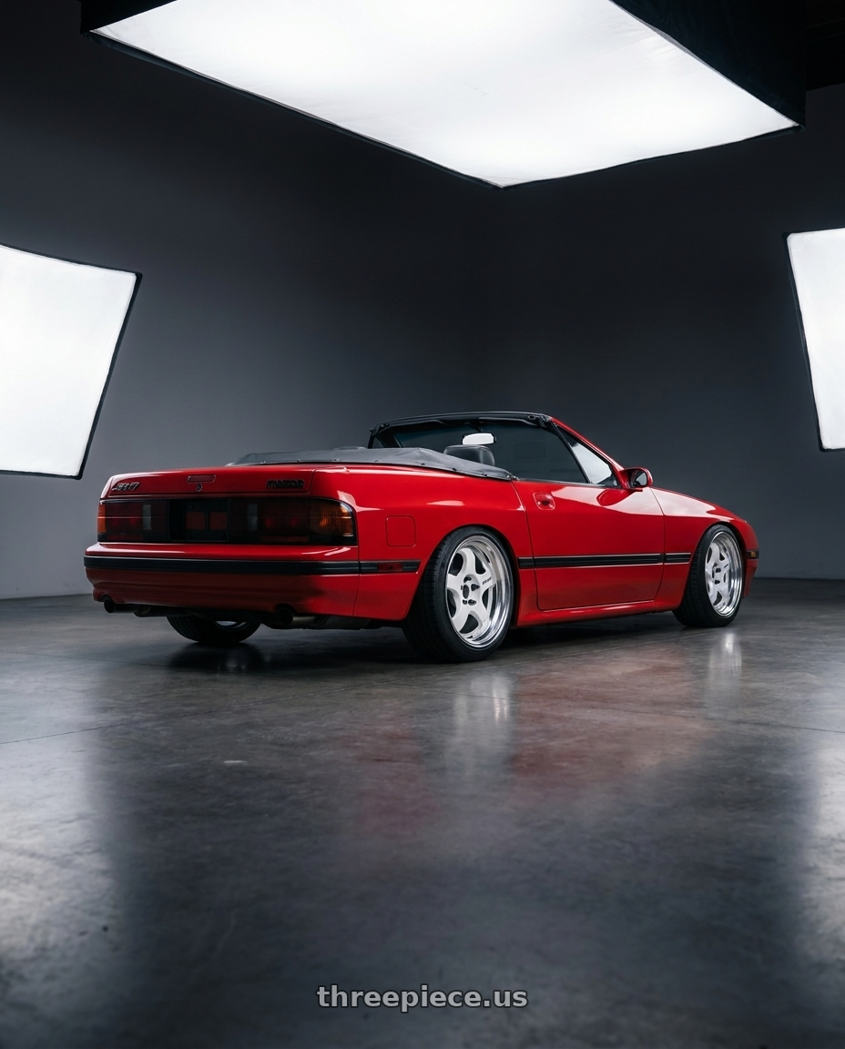 1988 RX-7 FC with Work Meister S1 2P 5x114.3 15x6.5+38 O Disk White wheels rear three quarter view square tires