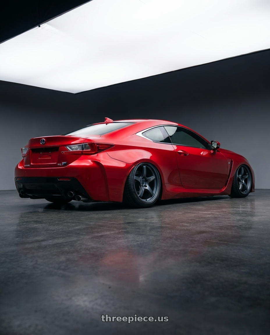 2018 Lexus RC F with Gram Lights 57CR 5x114.3 19x10.5+12 Gunblue II wheels rear three quarter view slight stretch tires