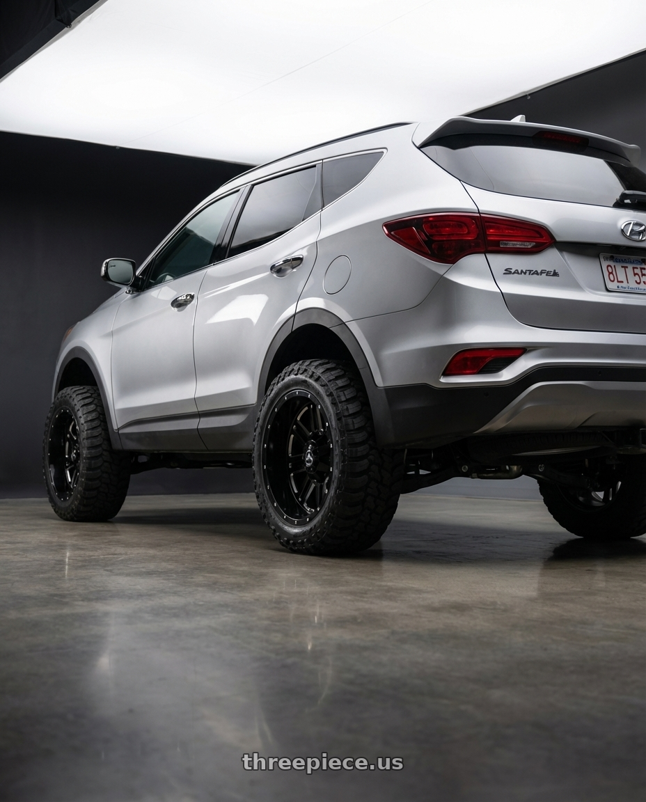 2018 Hyundai Santa Fe se with American Off-Road A106 6x135/6x139.7 20x14 -76 Black Milled Spoke wheels rear three quarter view square tires