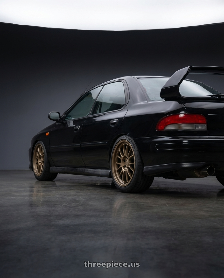 1998 Subaru Impreza GC8 with Kansei K13B Corsa 5x114.3 18x9 35 Bronze wheels rear three quarter view square tires