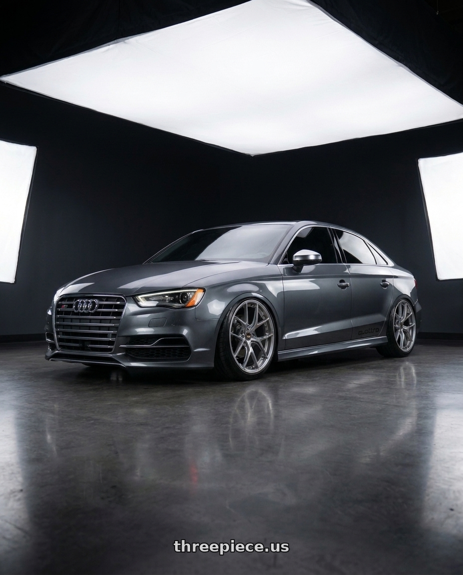 2016 Audi S3 with Rotiform 1PC R903 TUF 5X112 20X10.5 +35 SATIN TITANIUM wheels front three quarter view lowered stance