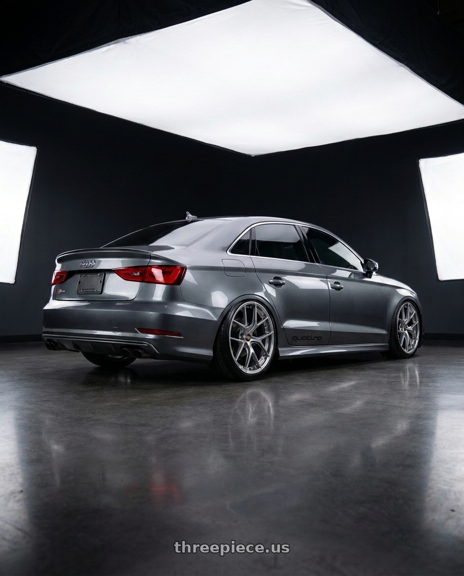 2016 Audi S3 with Rotiform 1PC R903 TUF 5X112 20X10.5 +35 SATIN TITANIUM wheels rear three quarter view extreme stretch tires