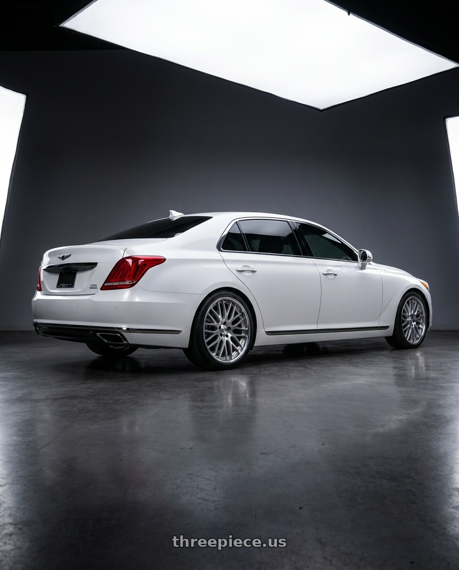 2018 genesis g90 ultimate with Work Lanvec Lm1 5x114.3 20x8.5+22 O Disk Machine Silver Polish wheels rear three quarter view square tires
