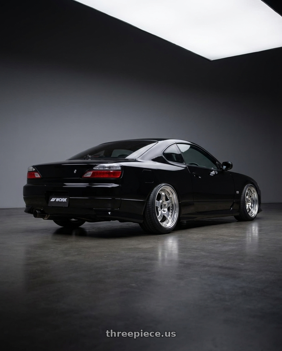 2000 Nissan Silvia S15 with Work Meister S1 3P wheels rear three quarter view slight stretch tires
