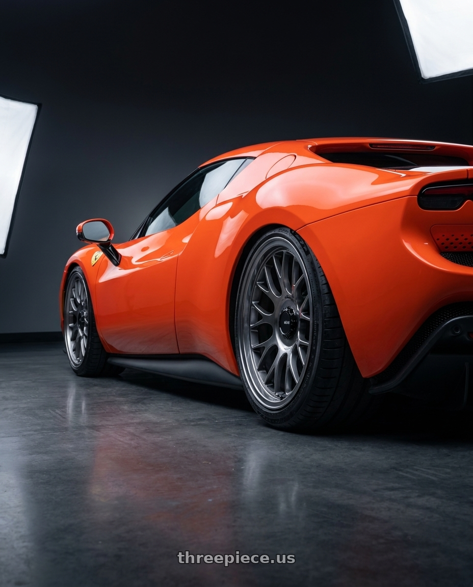 2025 Ferrari 296 GTB with Konig MRK1 5X120 19x9.5 35 Hyper Carbon wheels rear three quarter view extreme stretch tires