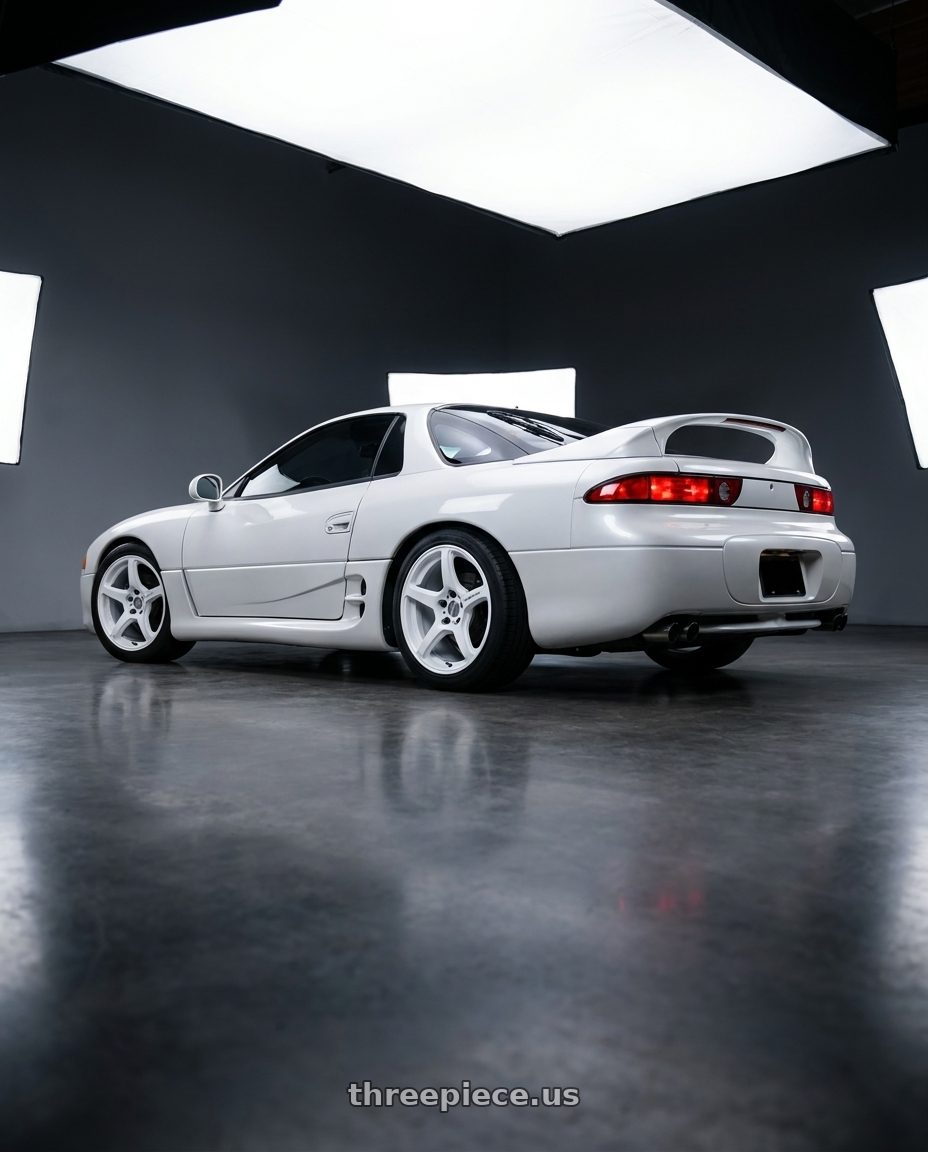 1997 Mitsubishi 3000gt with Work Emotion T5r 5x114.3 18x8.5 +35 Ice White wheels rear three quarter view square tires