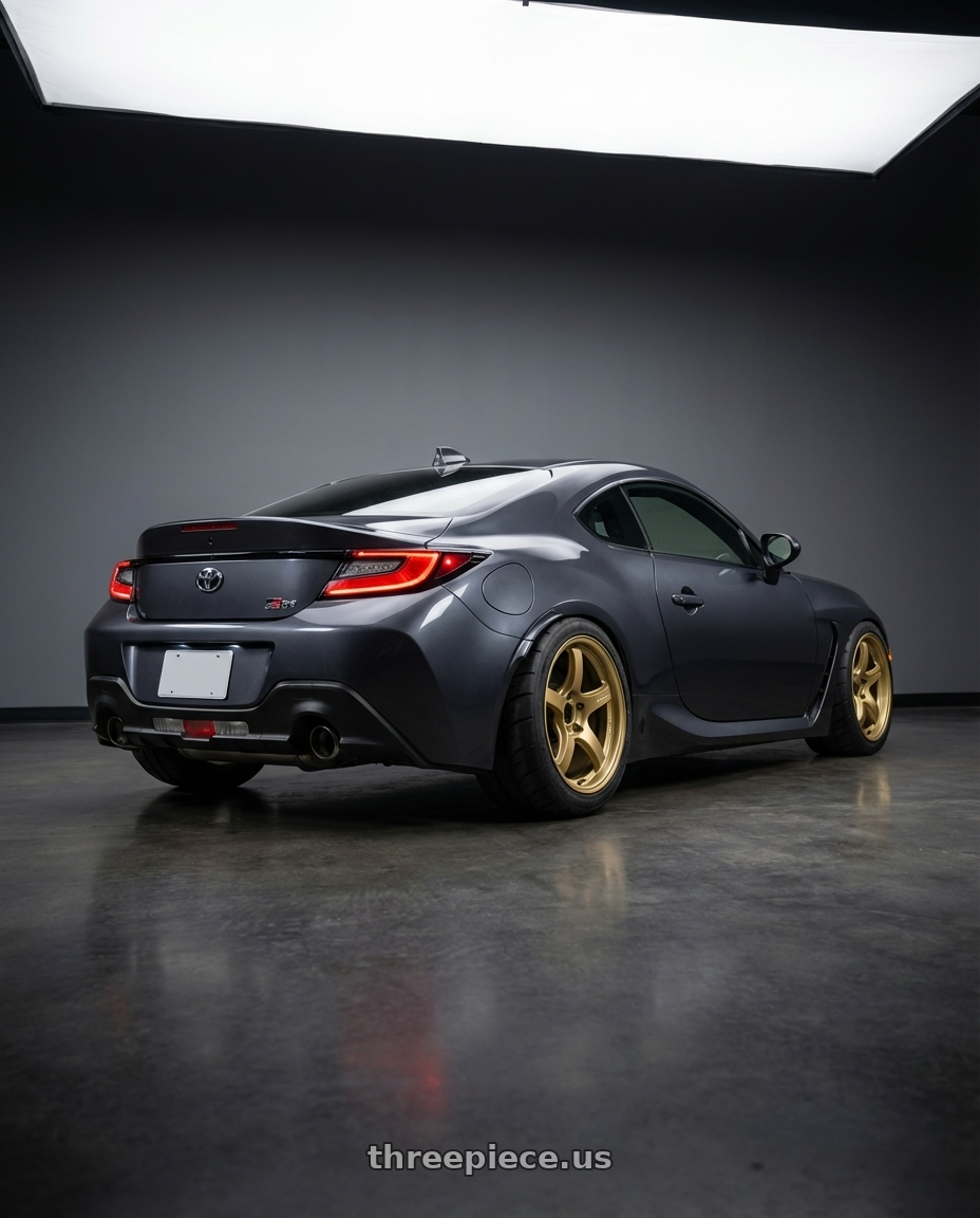 2025 Toyota GR86 with Gram Lights 57CR 5x120 19x9.5 +45 Almite Gold wheels rear three quarter view meaty tires