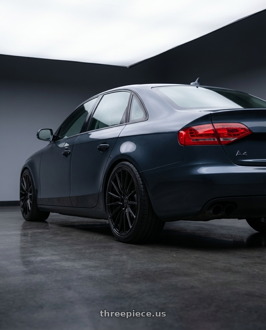 2011 Audi A4 with RAVETTI M18 5X112/5X114.3 18x8 +38 GLOSS BLACK wheels rear three quarter view square tires