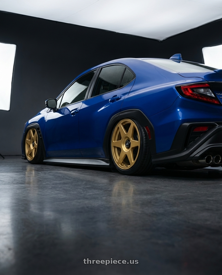 2024 Subaru WRX with fifteen52 TARMAC EVO 5x114.3 / 5x120 19x8.5 +35 GOLD (GLOSS GOLD) wheels rear three quarter view slight stretch tires