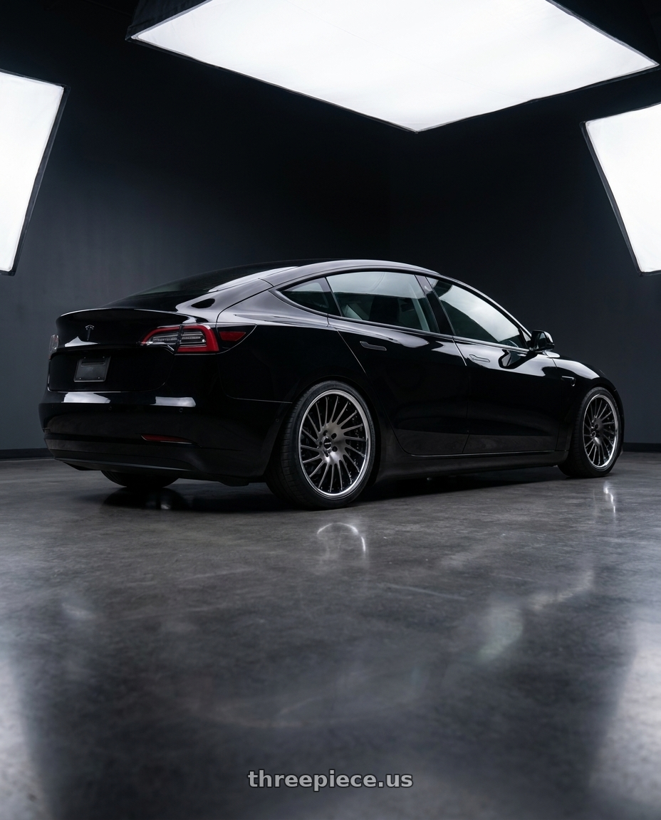 2026 Tesla model 3 with SSR CV05 5x114.3 19X8.5+25 NR Disk Galaxy Clear Black wheels rear three quarter view square tires