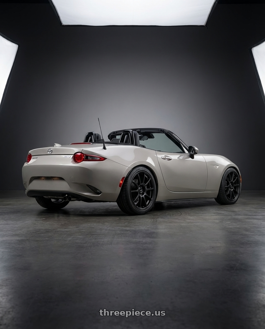 2021 Mazda MX-5 Miata ND with Ssr Gtv02 5x114.3 17x7+42  FLAT BLACK wheels rear three quarter view square tires