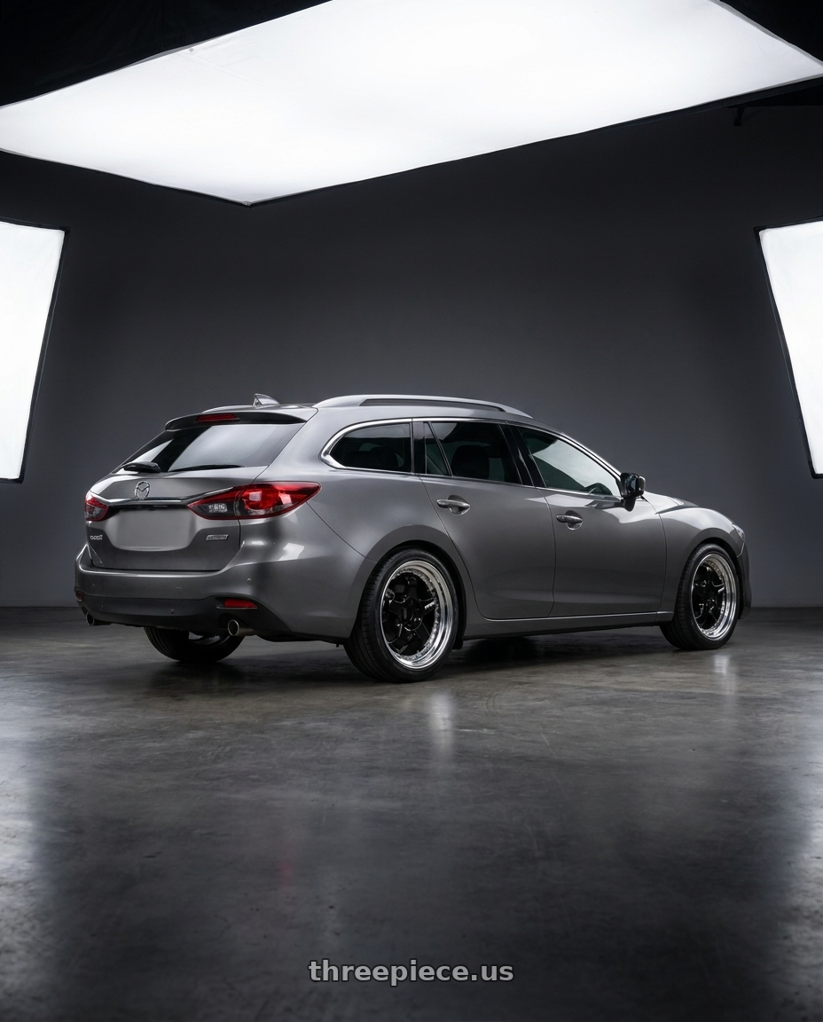 2019 Mazda6 wagon  with Work Meister S1 3P 5x100 18x7+48 A Disk Black wheels rear three quarter view square tires