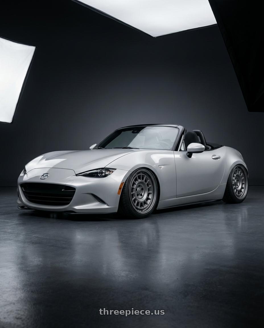 2021 Mazda MX-5 Miata ND with fifteen52 ALPEN MX 5x114.3 17x8 +38 FROSTED GRAPHITE (SATIN GREY) wheels front three quarter view stanced stance