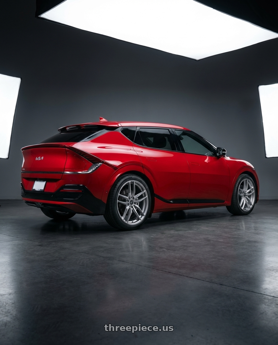 2024 kia ev6 with Fittipaldi 361S 5X112 18x8 +35 Brushed Silver wheels rear three quarter view square tires