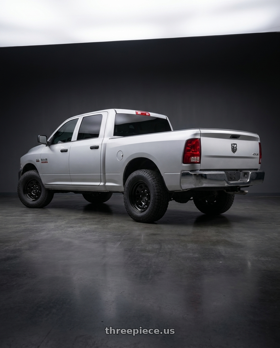 2011 Dodge RAM with Vision HD 84H 8x165.1 17x9-12 Gloss Black wheels rear three quarter view square tires