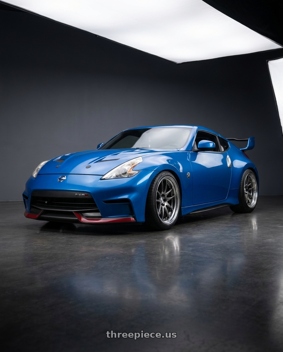 2009 Nissan 370Z with Work Cr 2P 5x114.3 19x9.5 +22 GT Silver wheels front three quarter view lowered stance