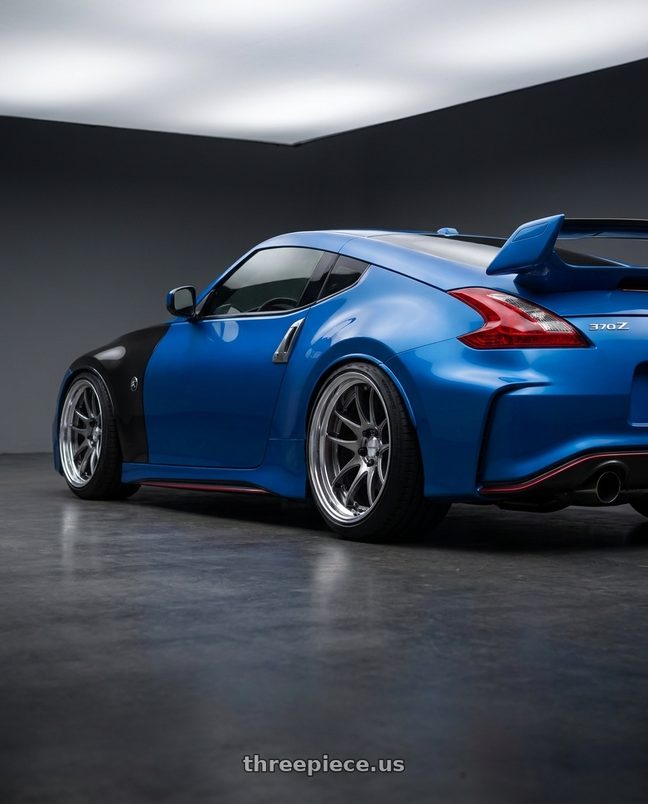 2009 Nissan 370Z with Work Cr 2P 5x114.3 19x9.5 +22 GT Silver wheels rear three quarter view square tires