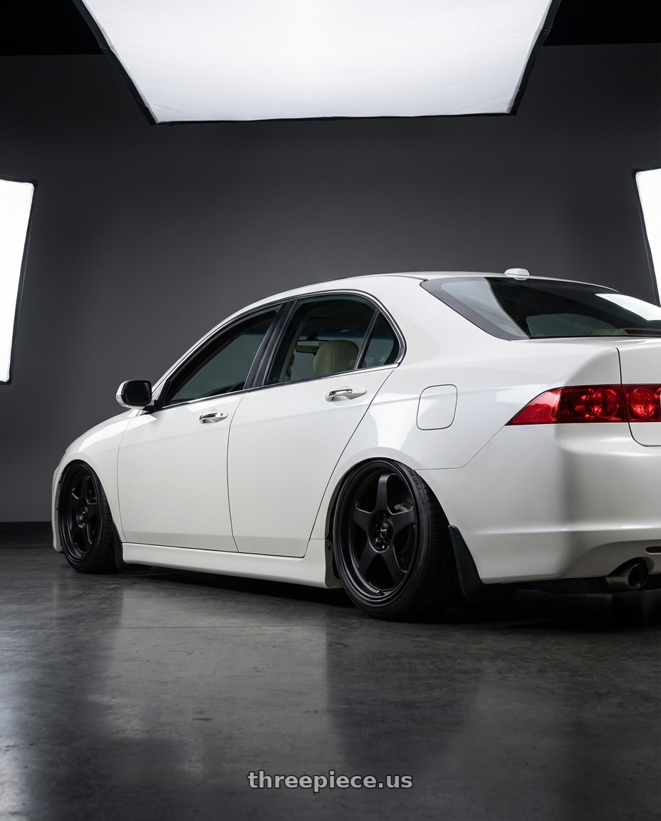2005 Acura tsx with Vors SP1 5x100/5x114.3 18x9  +35 All Matte Black wheels rear three quarter view slight stretch tires