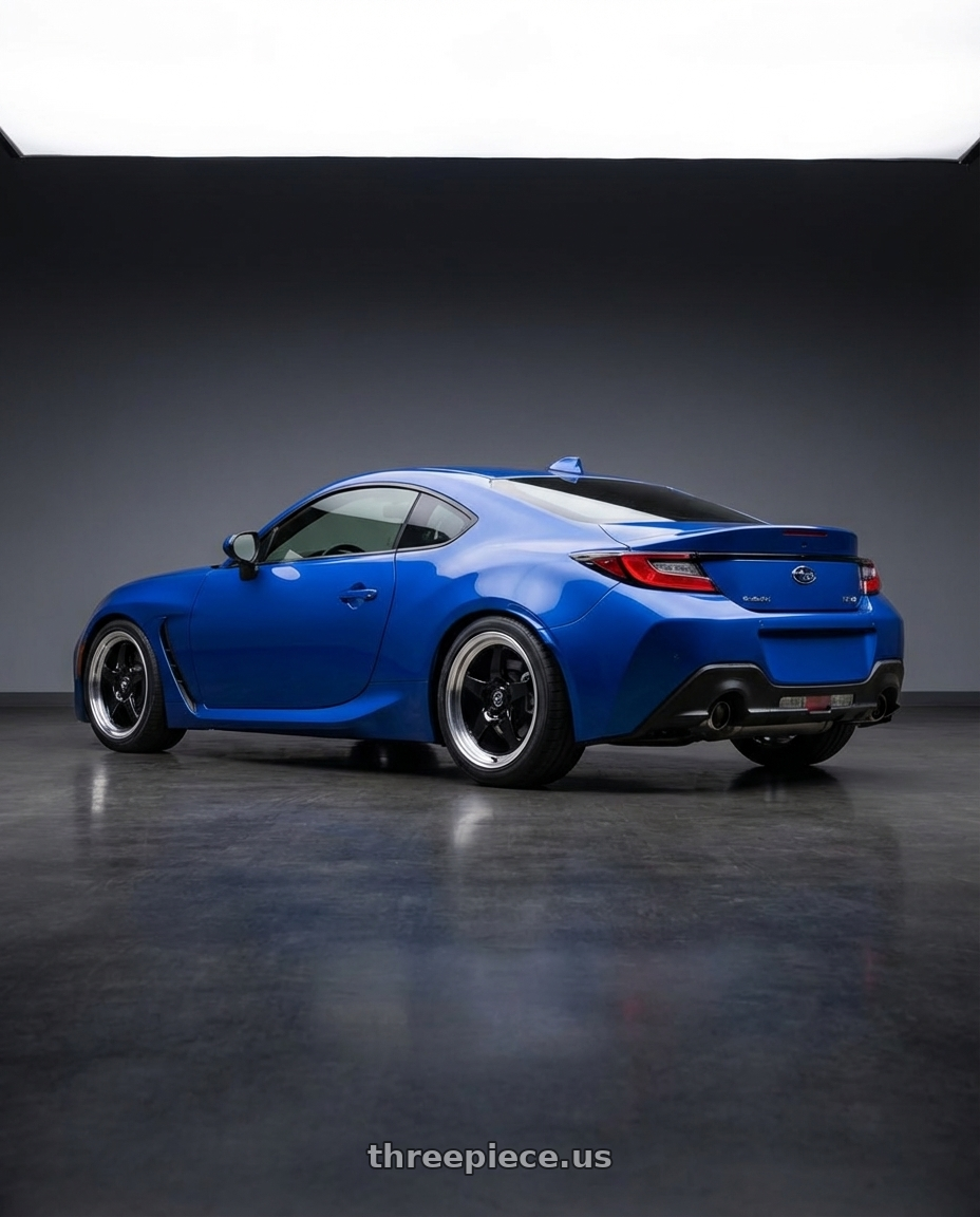 2024 Subaru BRZ with Forgestar D5 Drag 5x114.3 18x10 +22 Gloss Black Machined wheels rear three quarter view square tires