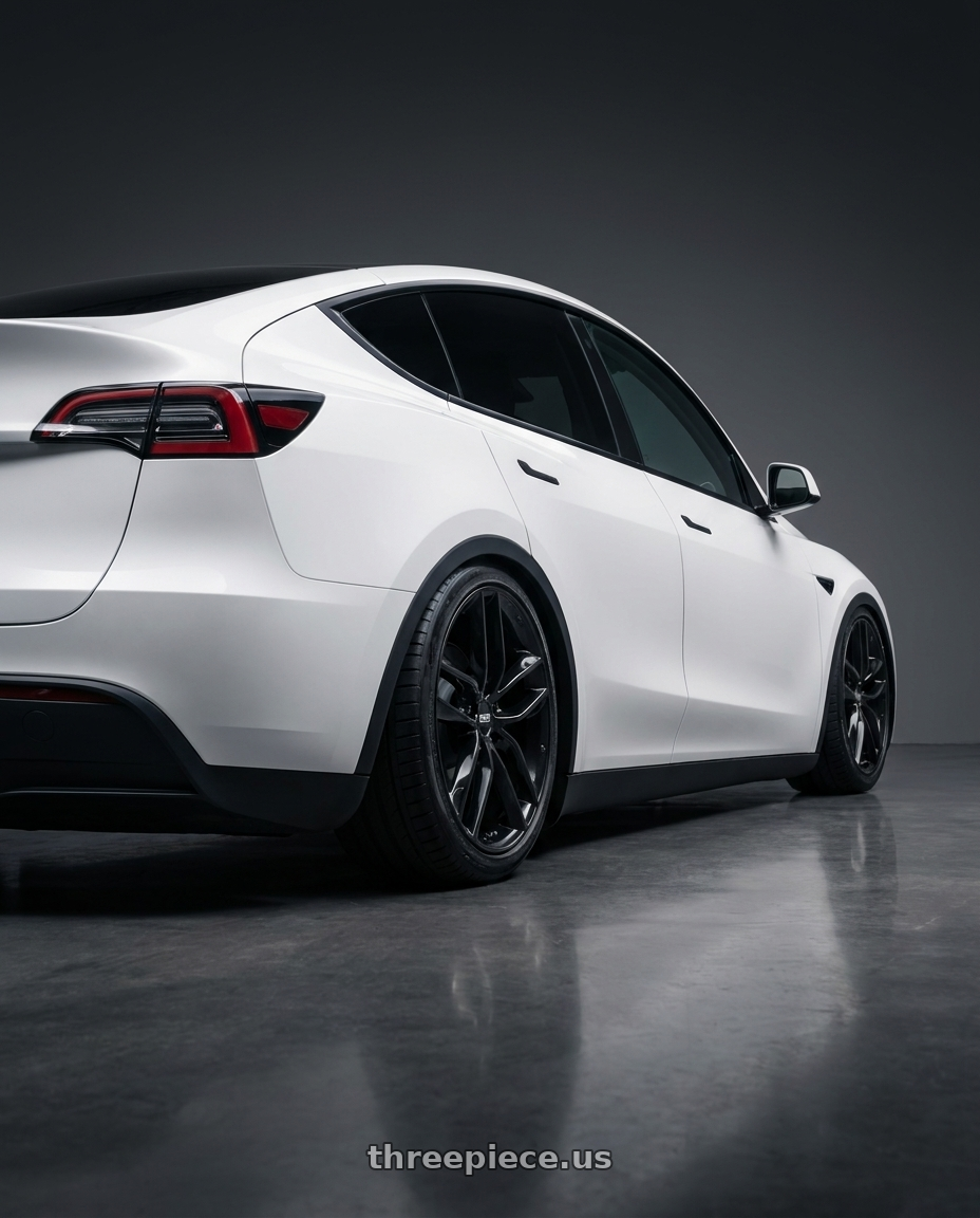 2024 Tesla Model Y with BBS SX 5x114.3 20x9.0+42 Crystal Black wheels rear three quarter view slight stretch tires