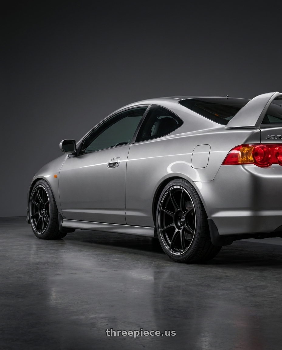 2002 Acura RSX Type S with Volk Racing GT090 5x120 21x10.0+30 Blast Black wheels rear three quarter view square tires