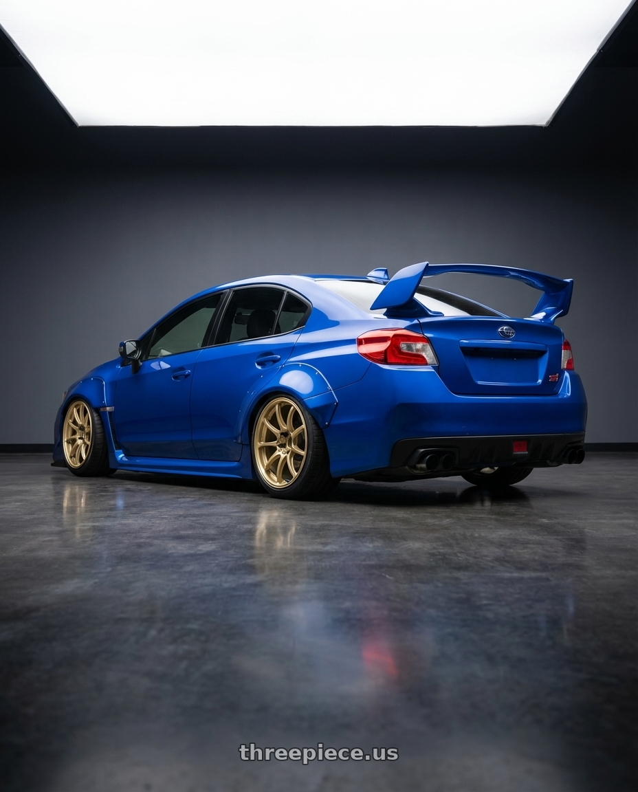 2013 Subaru WRX STI with Advan RCIII 5x114.3 18x8.5+38 Gold wheels rear three quarter view slight stretch tires